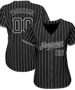 Alternative view of Custom Black White Pinstripe Black-White Authentic Baseball Jersey