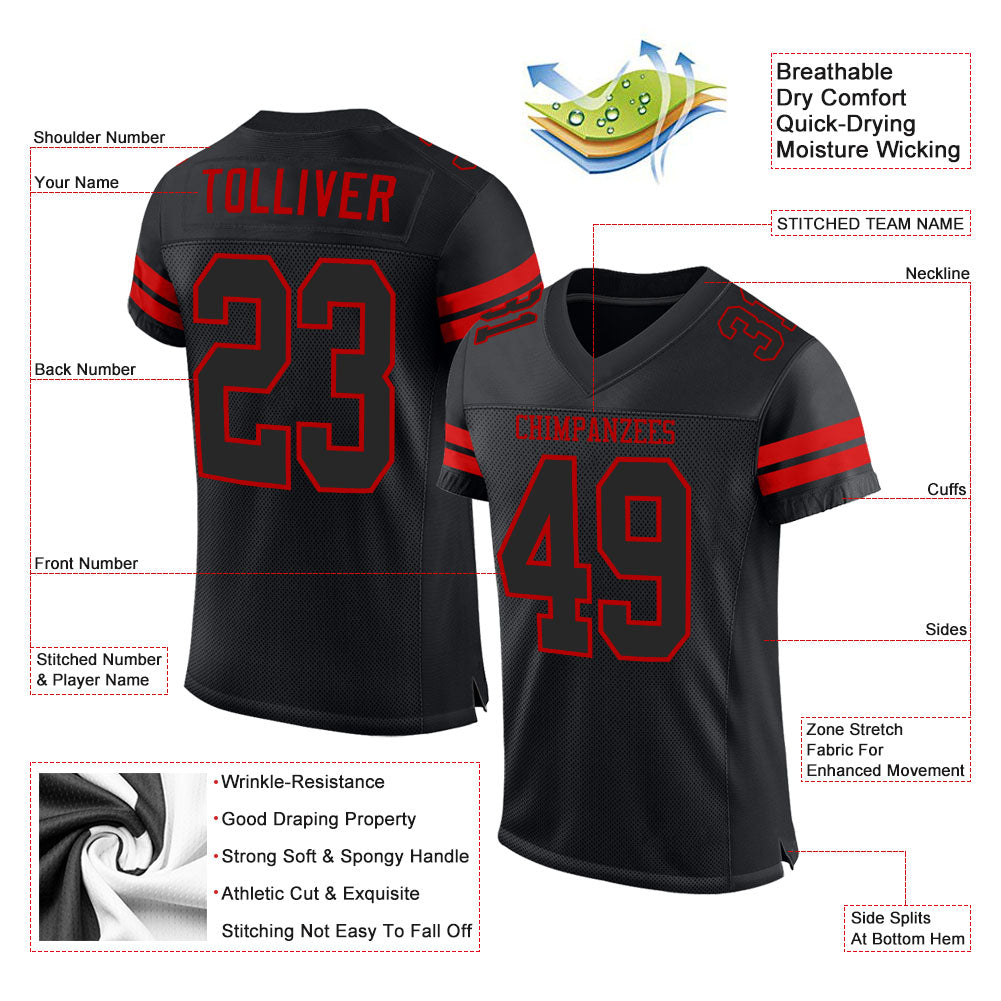 Custom Black Black-Red Mesh Authentic Football Jersey - Image 2