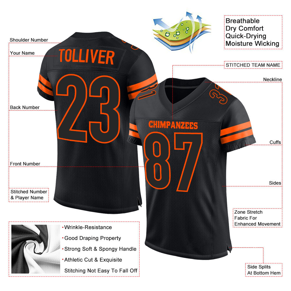 Custom Black Black-Orange Mesh Authentic Football Jersey - Image 2