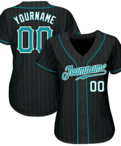 Alternative view of Custom Black Aqua Pinstripe Teal-White Authentic Baseball Jersey
