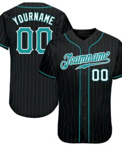 Custom Black Aqua Pinstripe Teal-White Authentic Baseball Jersey