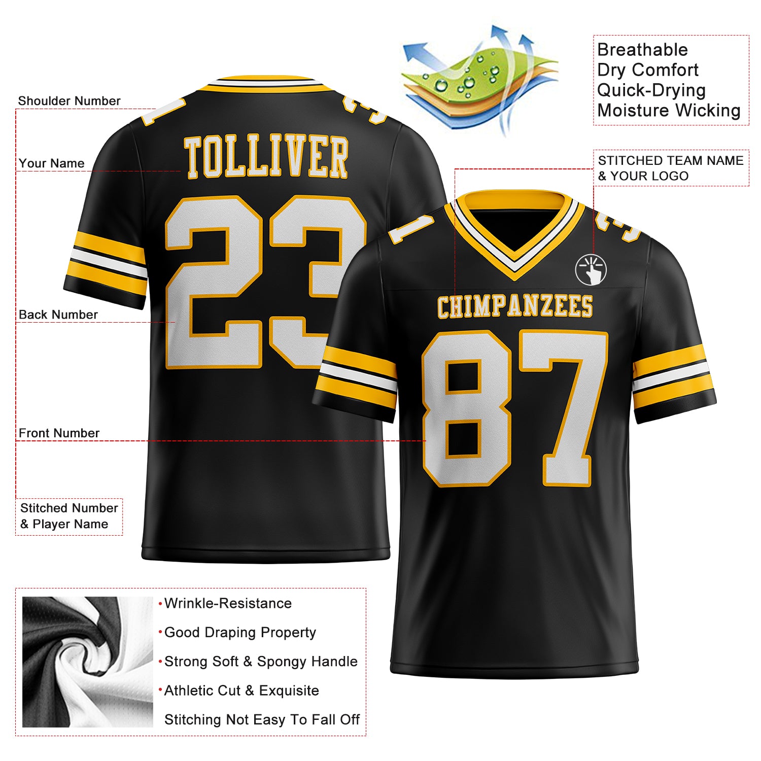 Custom Black White-Gold Authentic Football Jersey - Image 3