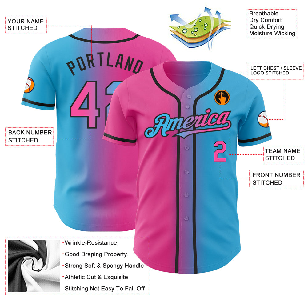 Custom Sky Blue Pink-Black Authentic Gradient Fashion Baseball Jersey - Image 4