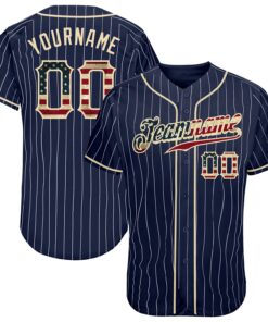 Custom Navy White Pinstripe Vintage USA Flag-Cream Authentic Baseball Jersey