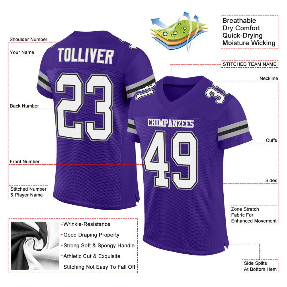 Custom Purple White-Gray Mesh Authentic Football Jersey - Image 2