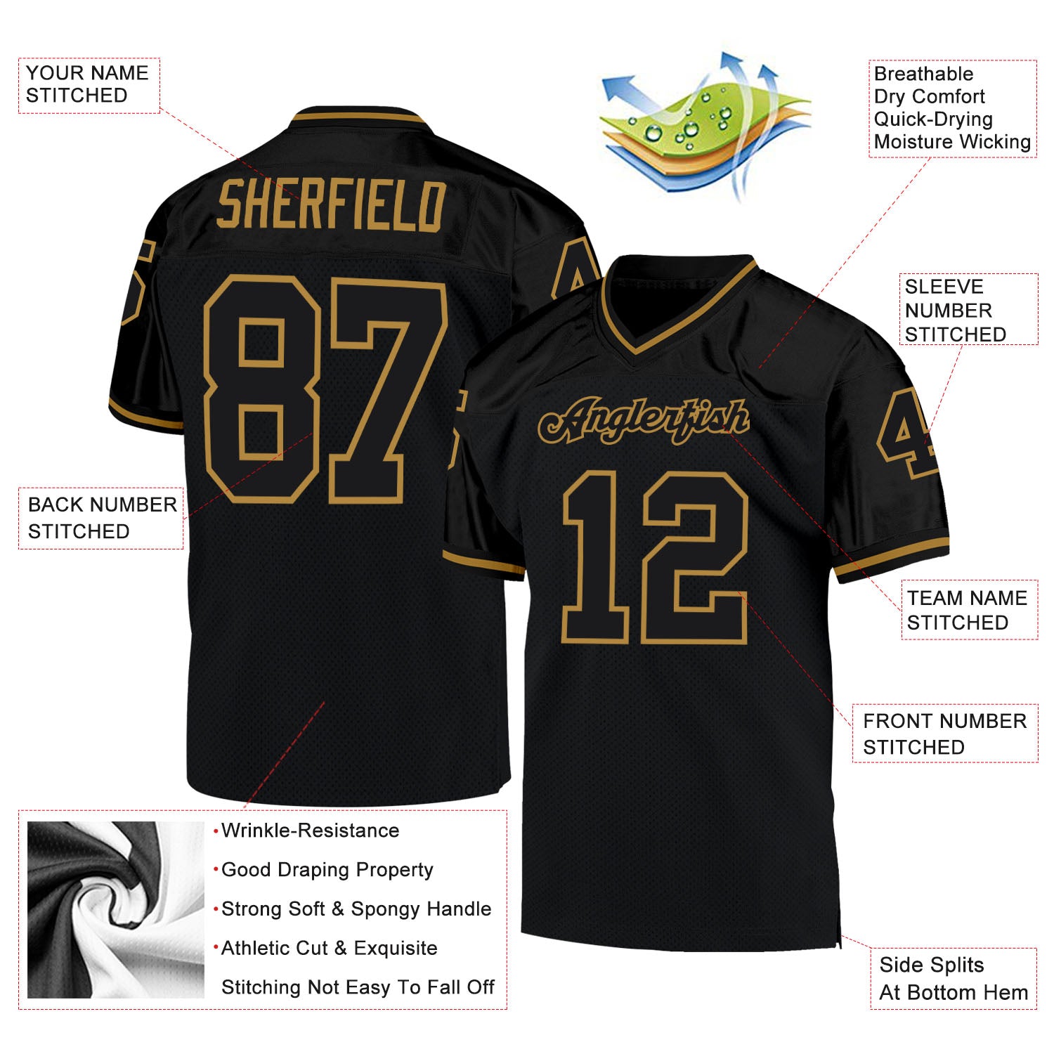 Custom Black Black-Old Gold Mesh Authentic Throwback Football Jersey - Image 4
