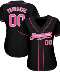 Alternative view of Custom Black Pink-White Authentic Baseball Jersey