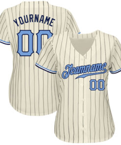 Alternative view of Custom Cream Navy Pinstripe Light Blue-Navy Authentic Baseball Jersey