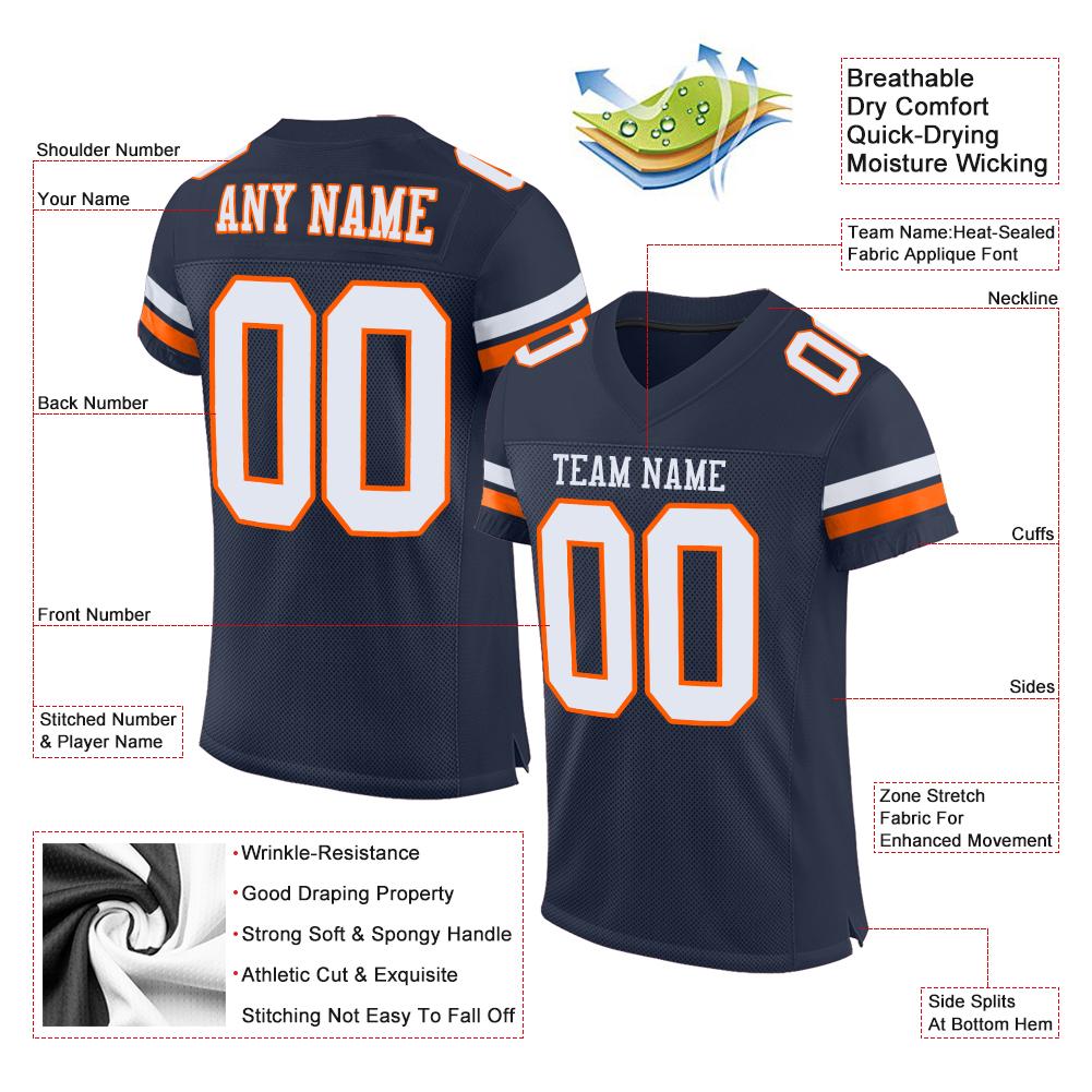 Custom Navy White-Orange Mesh Authentic Football Jersey - Image 5