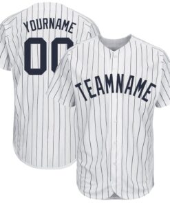 Custom White Navy Pinstripe Navy Baseball Jersey