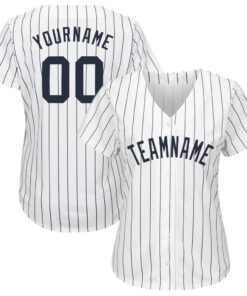 Alternative view of Custom White Navy Pinstripe Navy Baseball Jersey