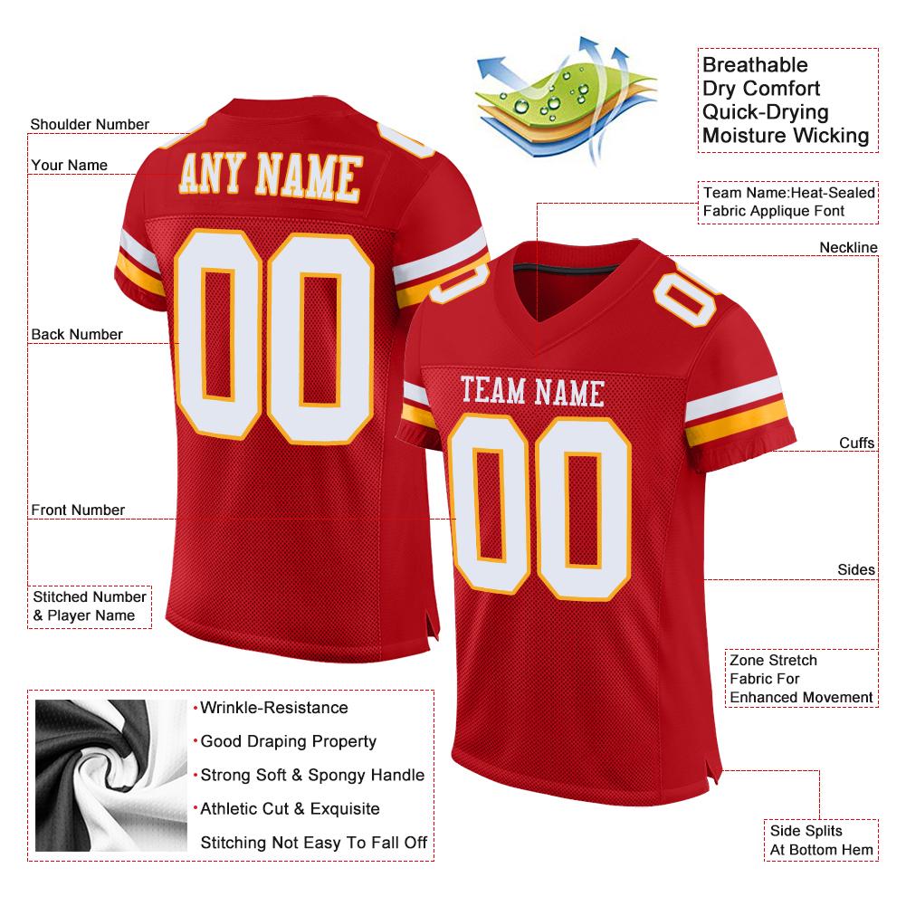 Custom Red White-Gold Mesh Authentic Football Jersey - Image 4